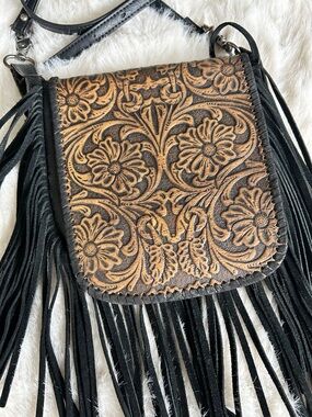 Montana West Black & Brown Tooled Floral Fringe Crossbody Bag